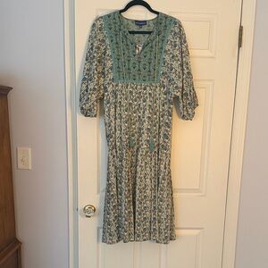 Ro’s Garden Teal and Cream Floral Embroidered Midi Dress